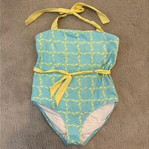 TBBC The Beaufort Bonnet Company Big Girl’s Blue Yellow Fish Belted Swim Suit 14